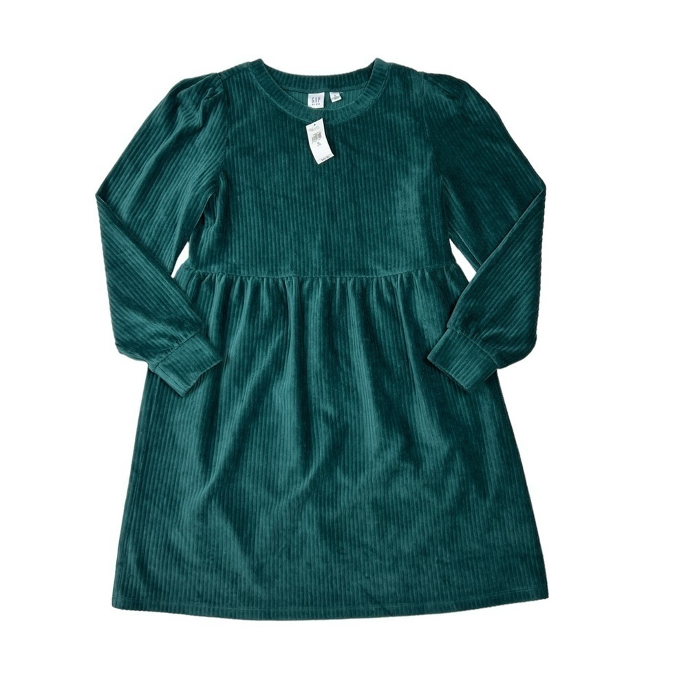 NWT Gap Kids Green Long Sleeve Soft Ribbed Velour Skater Dress